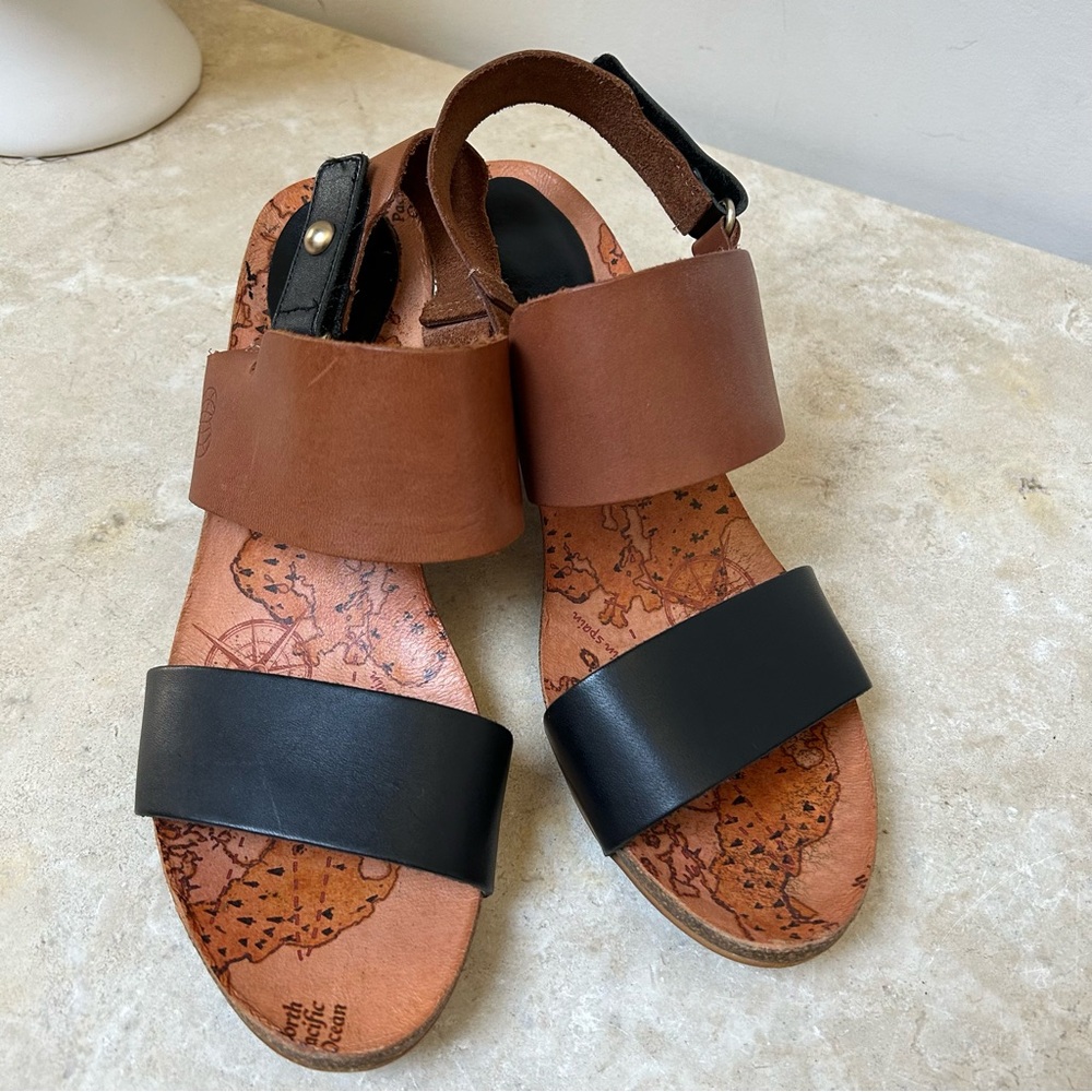 SOLD!Take Me Away Spanish made leather black heel sandals black/Tan size 41 EUC!